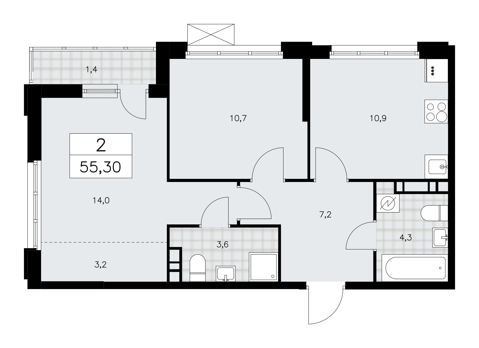 2-комнатная 55 м2 в ЖК Скандинавия корпус null этаж 6