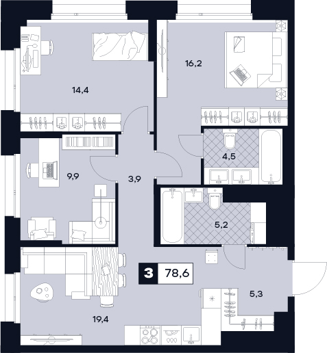 3-комнатная 78 м2 в ЖК Юту корпус null этаж 13
