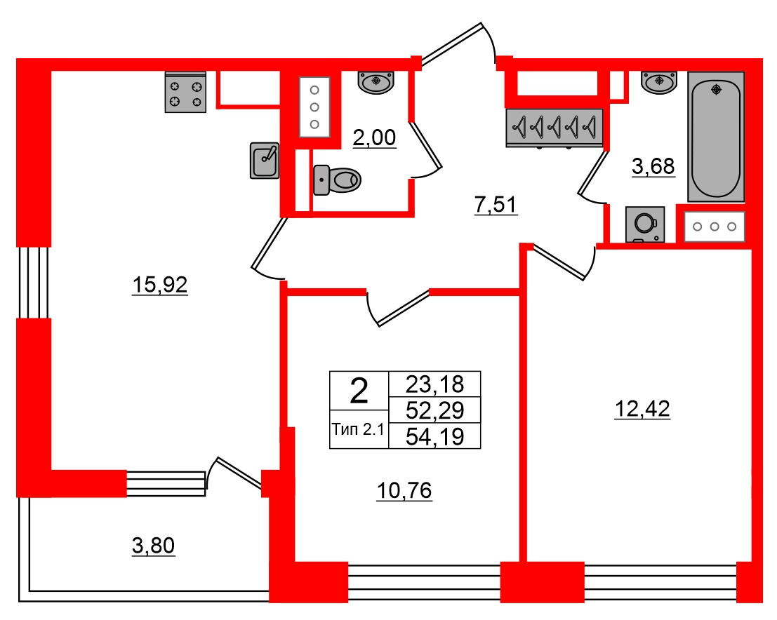 2-комнатная 52 м2 в ЖК Setl Ривьера корпус null этаж 12