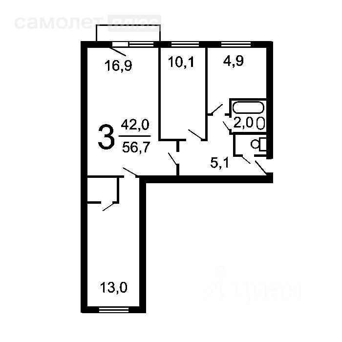 3-комнатная 55 м2 в ЖК undefined корпус undefined этаж null