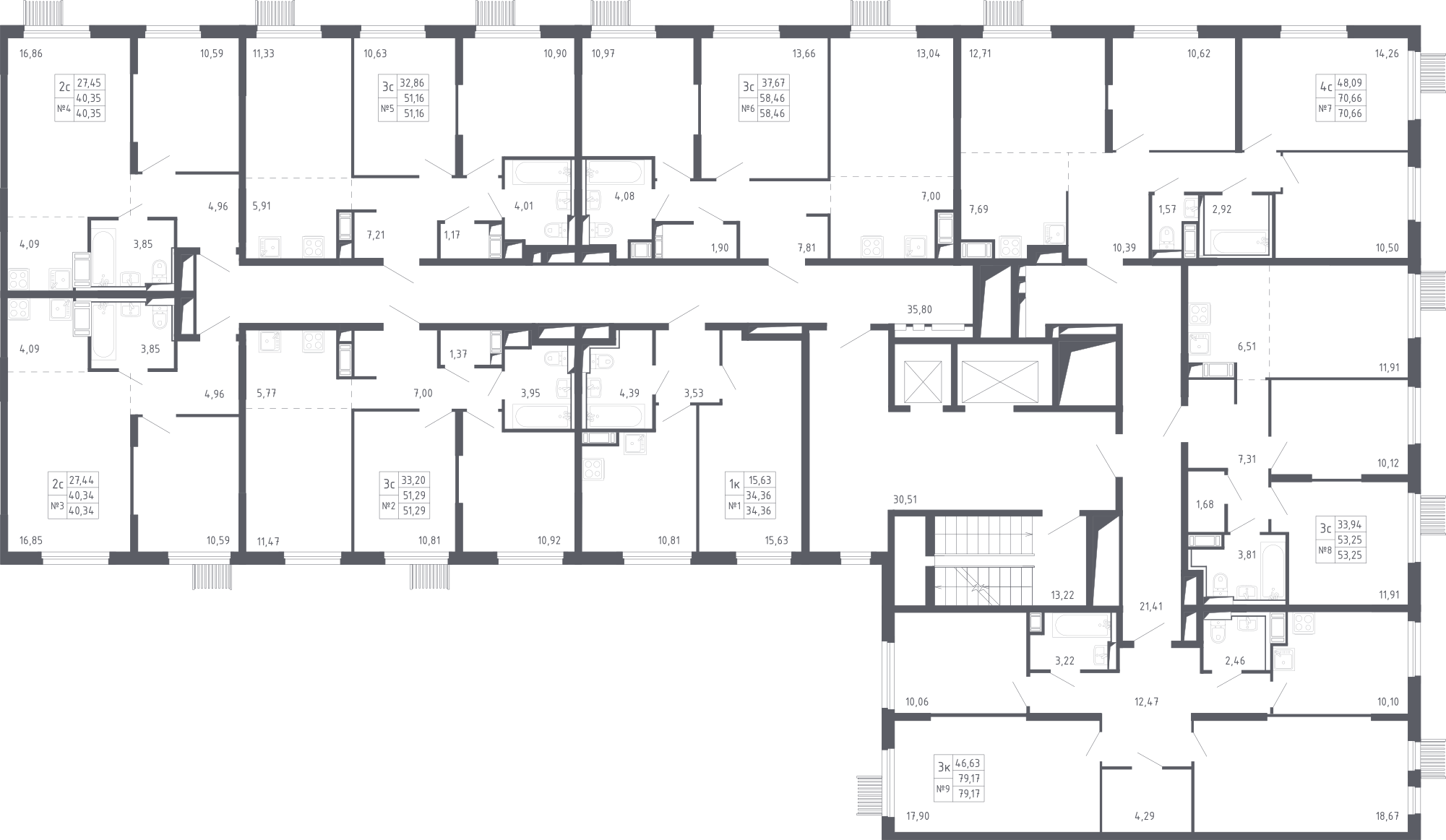 План этажаСтудия79.2 м2 в ЖК Молжаниново корпус Молжаниново, 1 очередь, Корпус 1 этаж 7