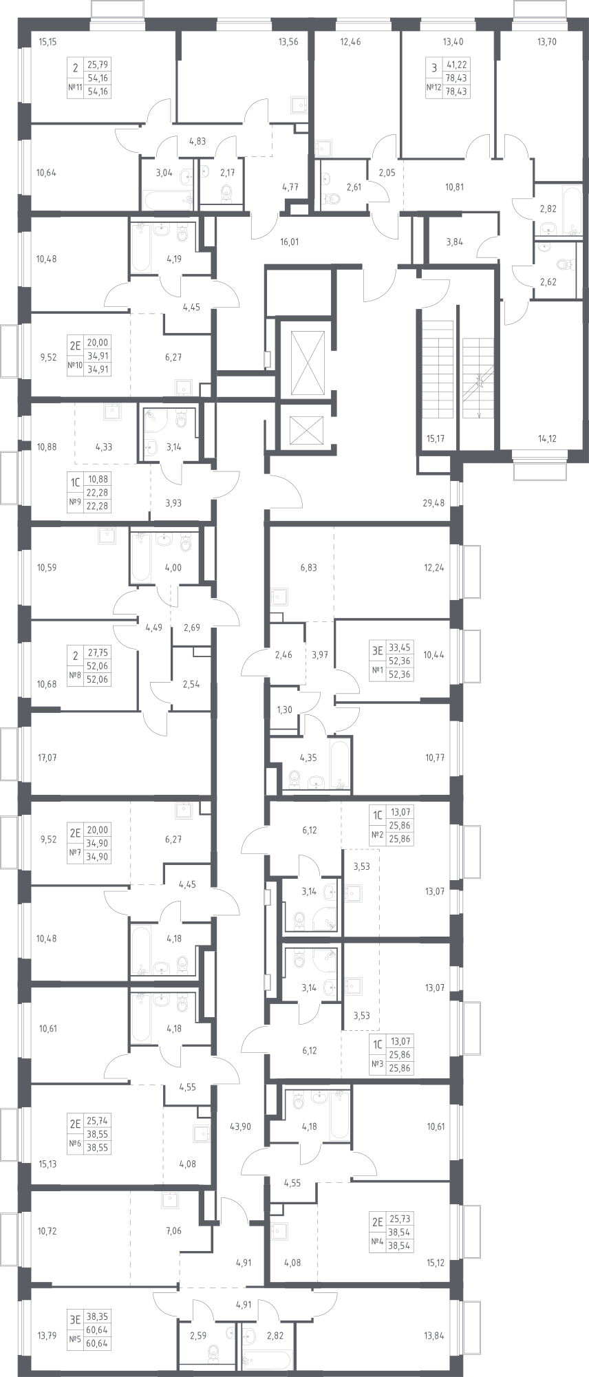 План этажаСтудия52.4 м2 в ЖК Томилино Парк корпус Томилино, 6 очередь, Корпус 6.3 этаж 2