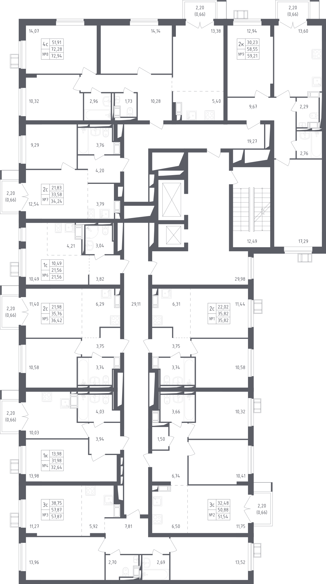 План этажаСтудия57.9 м2 в ЖК Томилино Парк корпус Томилино, 4 очередь, корпус 4.1 этаж 12