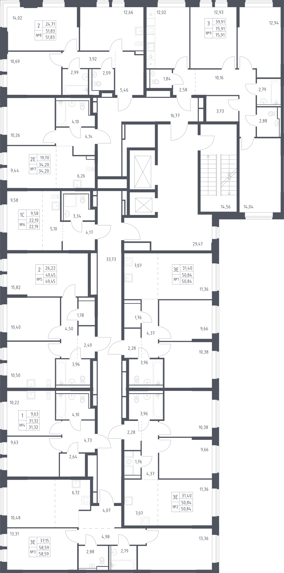 План этажаСтудия58.6 м2 в ЖК Пригород Лесное корпус Пригород, 9 очередь, Корпус 18 этаж 2