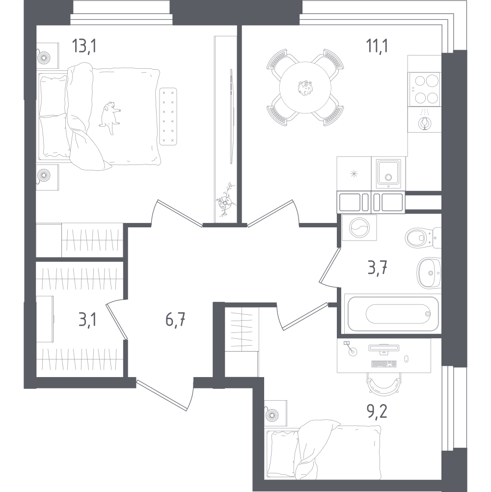 2-комнатная 46 м2 в ЖК Ольховый Квартал корпус null этаж 15