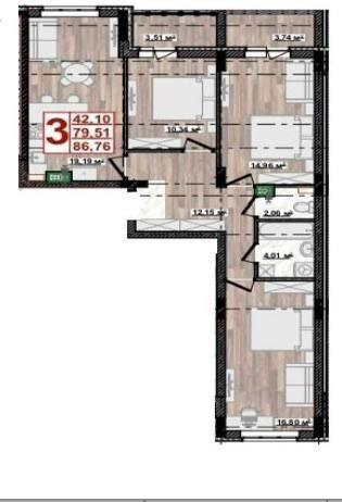 3-комнатная 86.8 м2 в ЖК undefined корпус null этаж 2