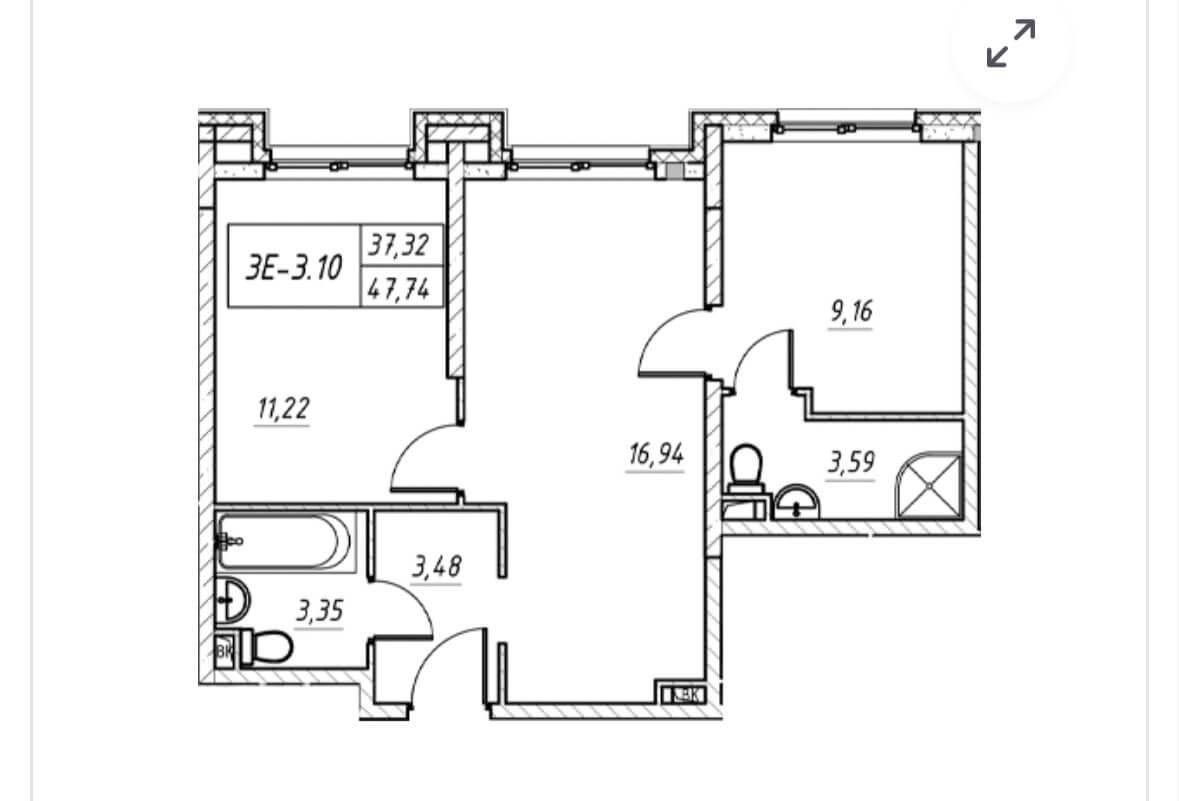 2-комнатная 47.7 м2 в ЖК undefined корпус null этаж 7