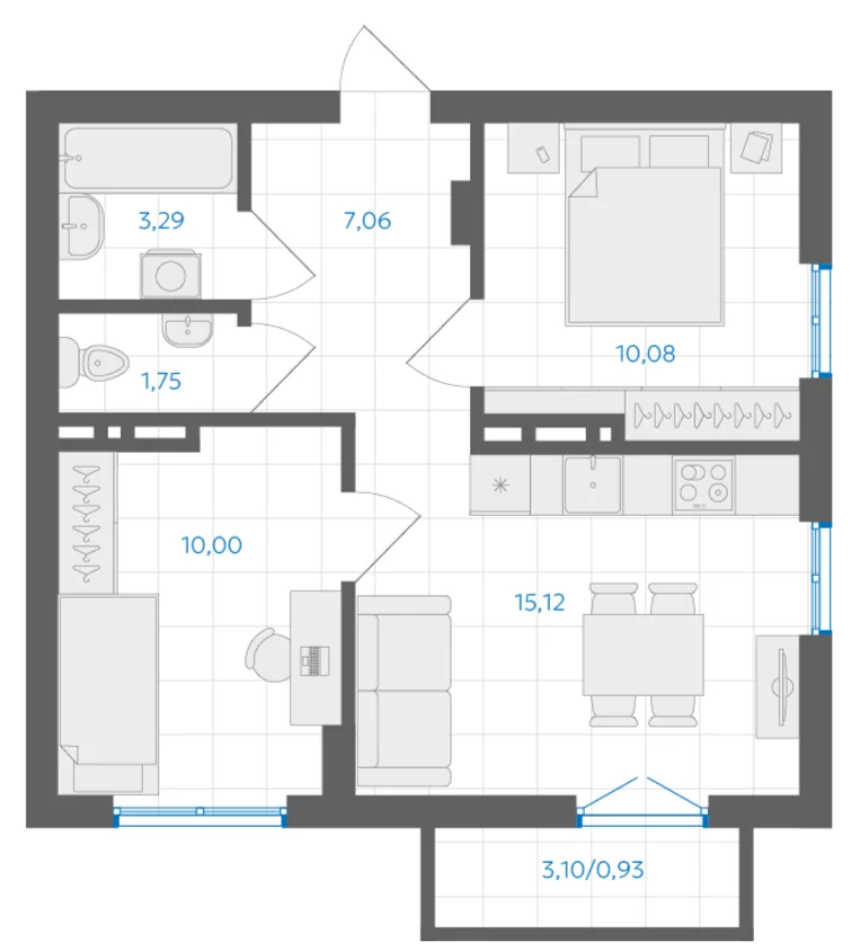 2-комнатная 48.6 м2 в ЖК undefined корпус null этаж 9