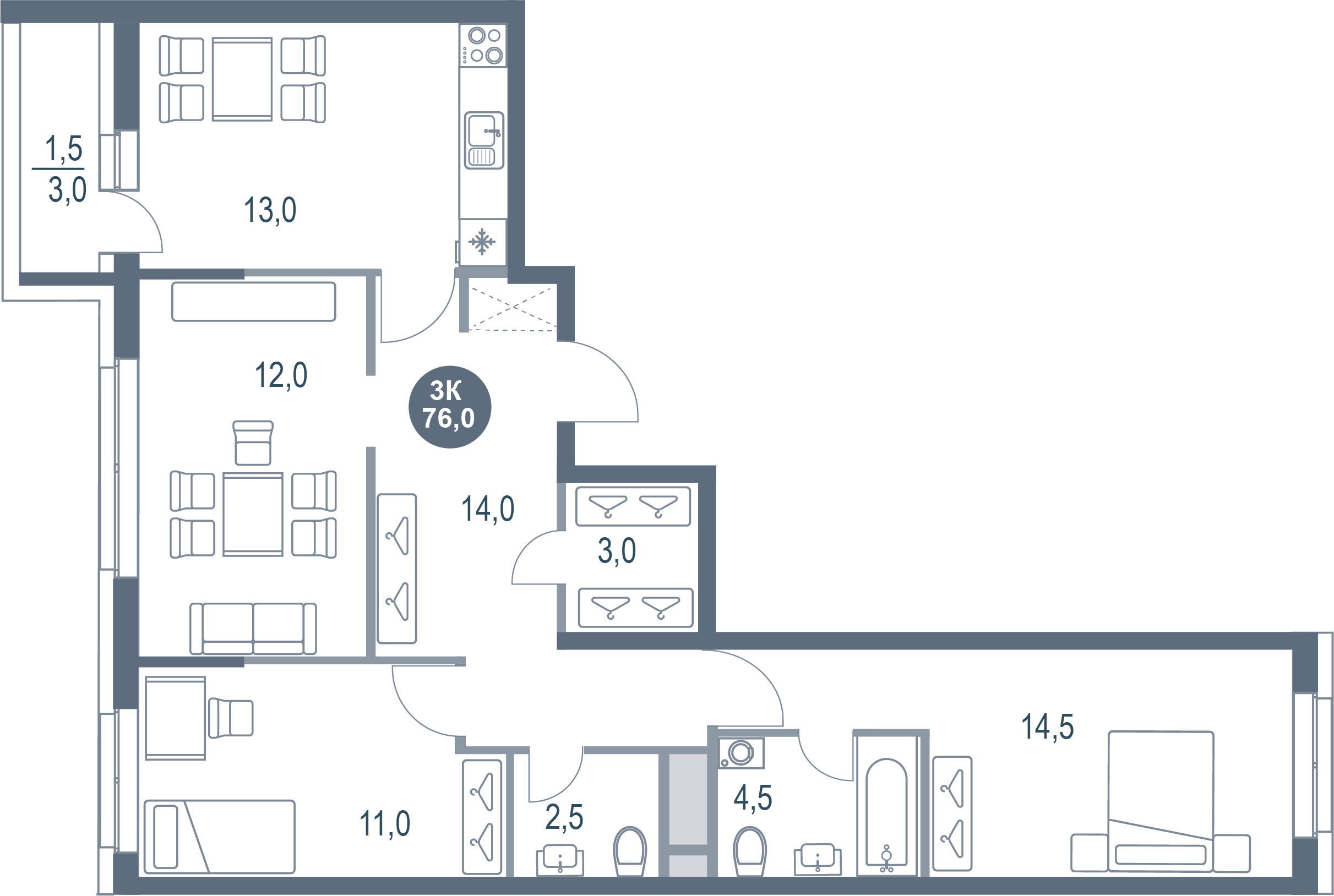 3-комнатная 76 м2 в ЖК Русич Котельники Парк корпус null этаж 6