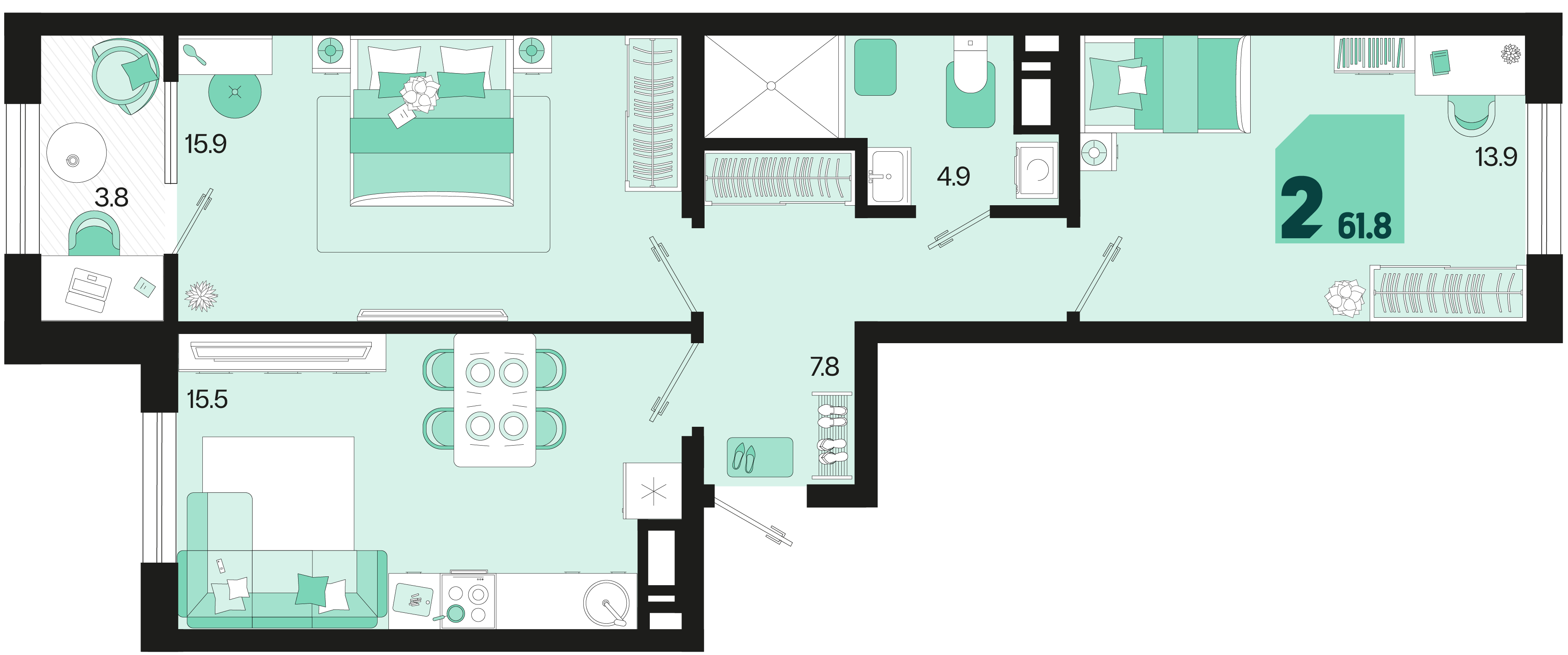 2-комнатная 61 м2 в ЖК Первое место корпус null этаж 8
