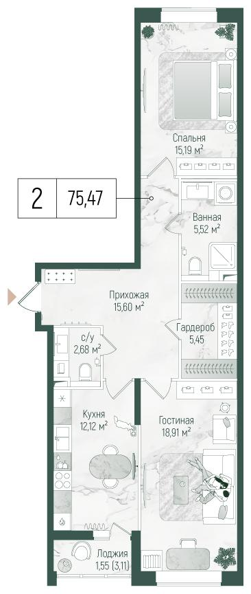 2-комнатная 77 м2 в ЖК Рига Хиллс корпус null этаж 1