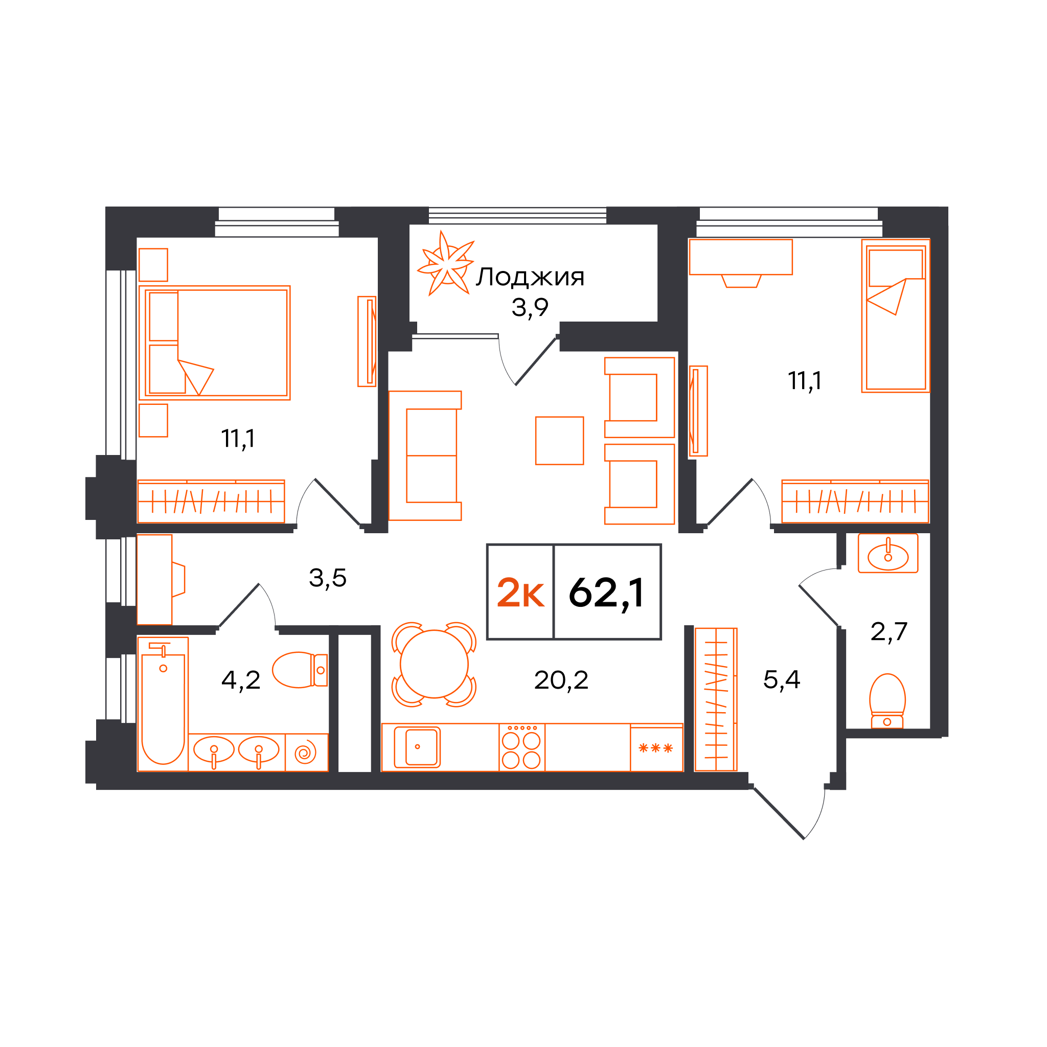 2-комнатная 62 м2 в ЖК Александровский корпус null этаж 5