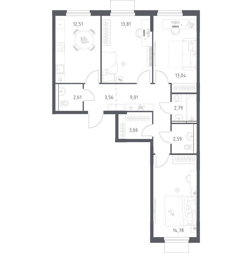 3-комнатная 78 м2 в ЖК Мытищи Парк корпус null этаж 3