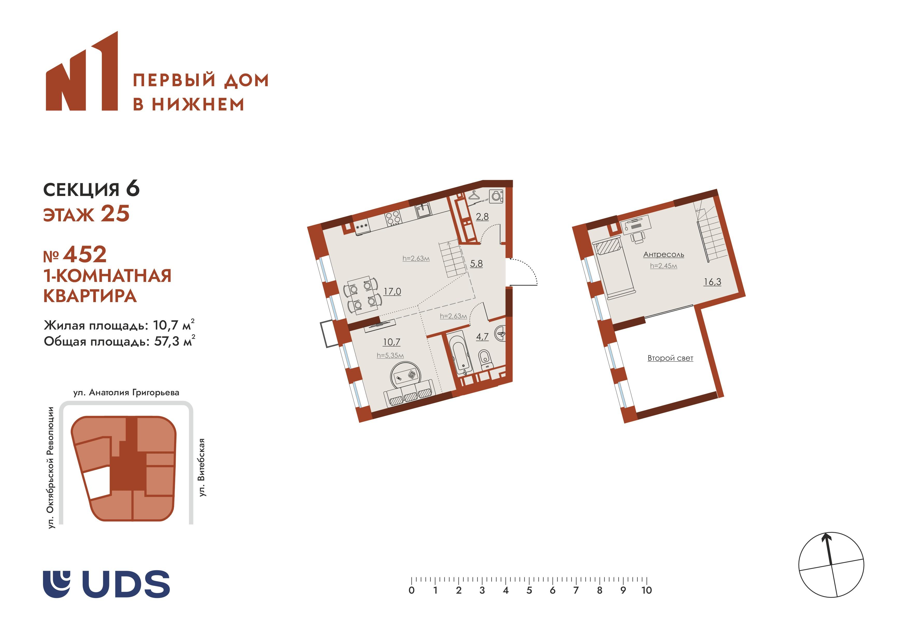 1-комнатная 57 м2 в ЖК N1 Первый дом в Нижнем корпус null этаж 25
