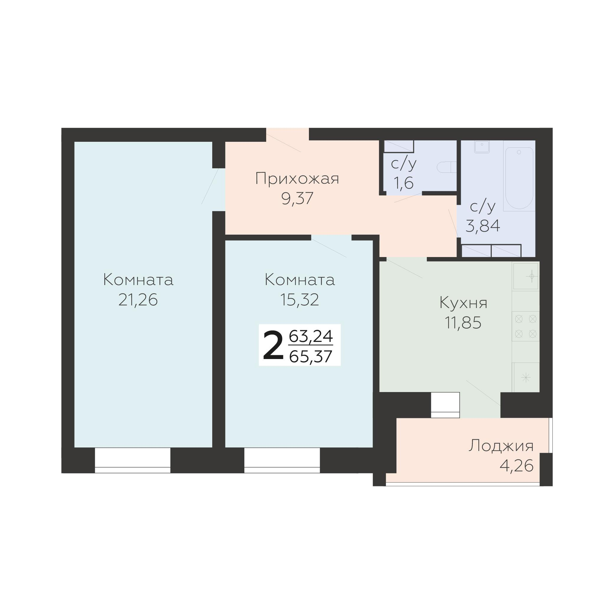 2-комнатная 65 м2 в ЖК Nova парк корпус null этаж 2