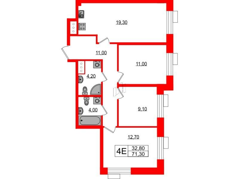 3-комнатная 71 м2 в ЖК Парусная 1 корпус null этаж 3