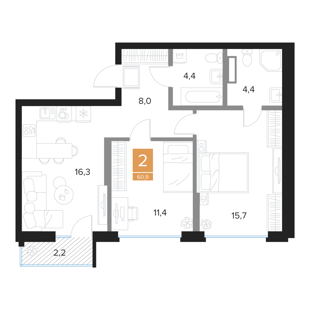 2-комнатная 60.9 м2 в ЖК undefined корпус null этаж 7