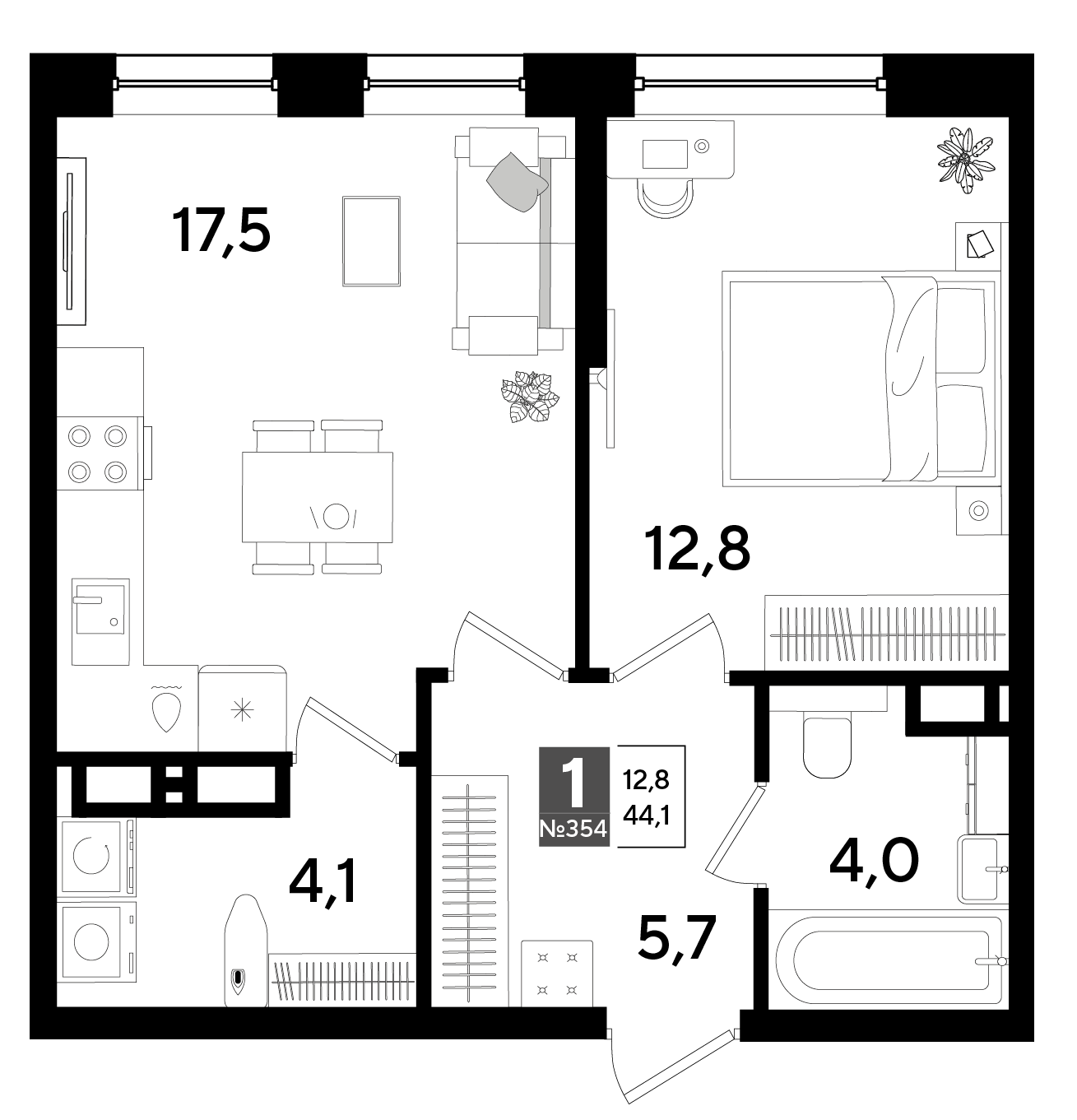 1-комнатная 44 м2 в ЖК Dogma Park корпус null этаж 10