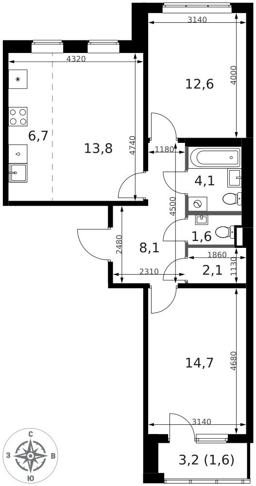 3-комнатная 65 м2 в ЖК 1-й Ясеневский корпус null этаж 2