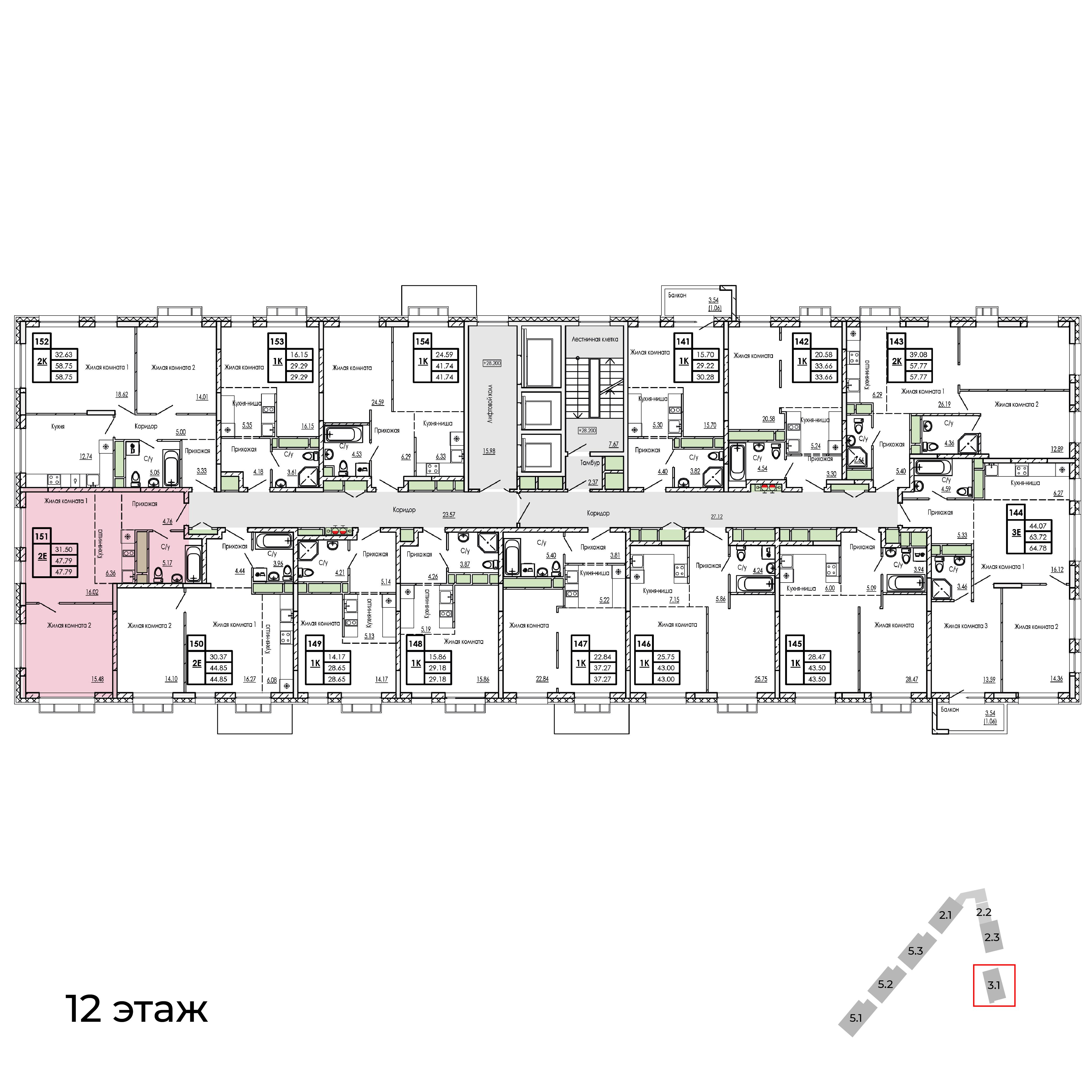2-комнатная 47 м2 в ЖК Сенсация корпус null этаж 12