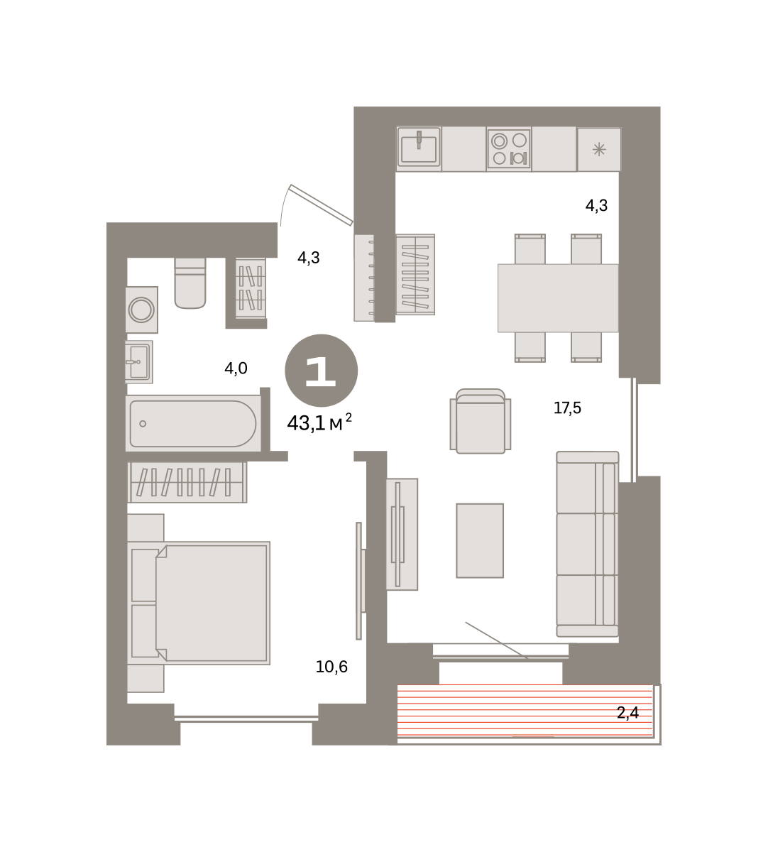 1-комнатная 43 м2 в ЖК Метроном корпус null этаж 6