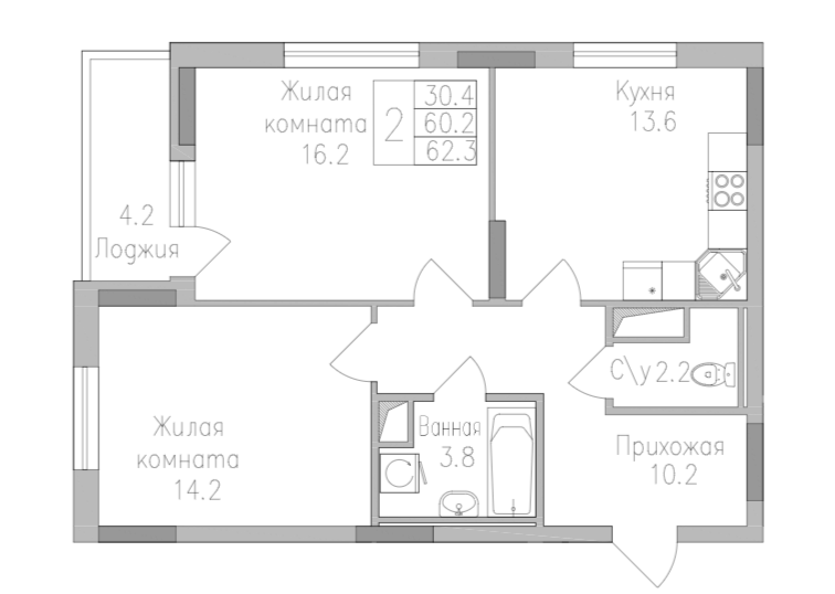 2-комнатная 62.3 м2 в ЖК undefined корпус null этаж 14