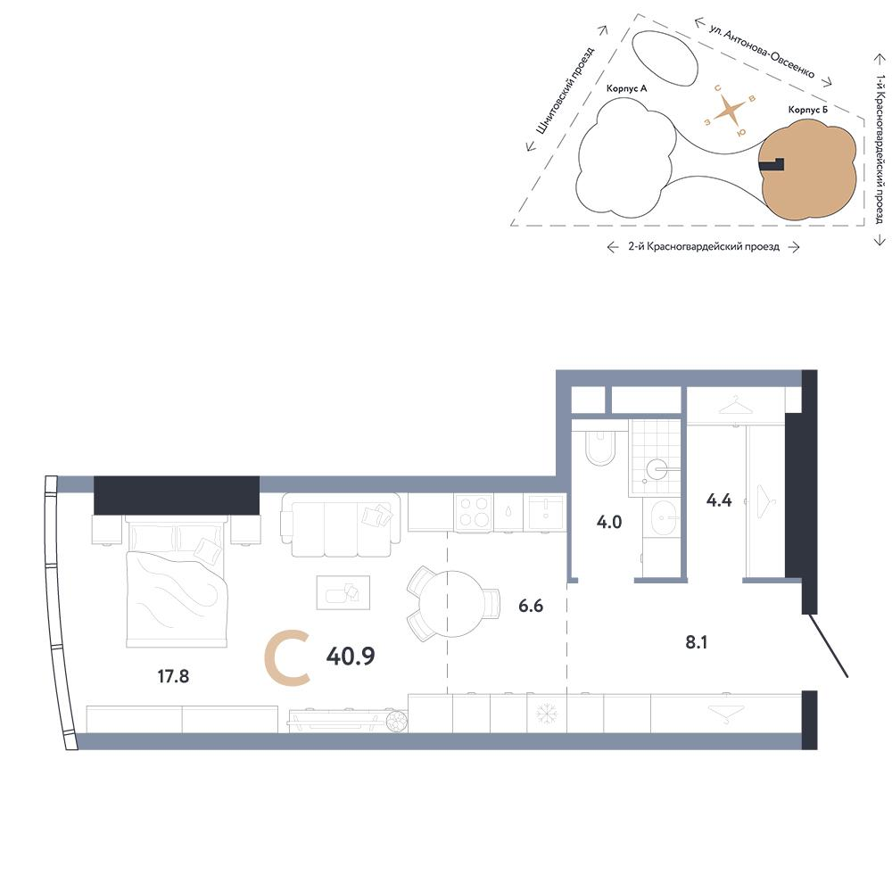 Студия 40 м2 в ЖК АУРУС Резиденции корпус null этаж 24