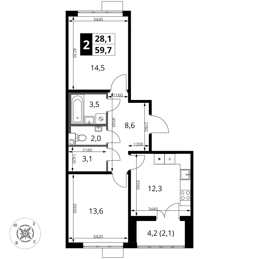2-комнатная 59 м2 в ЖК 1-й Шереметьевский корпус null этаж 9