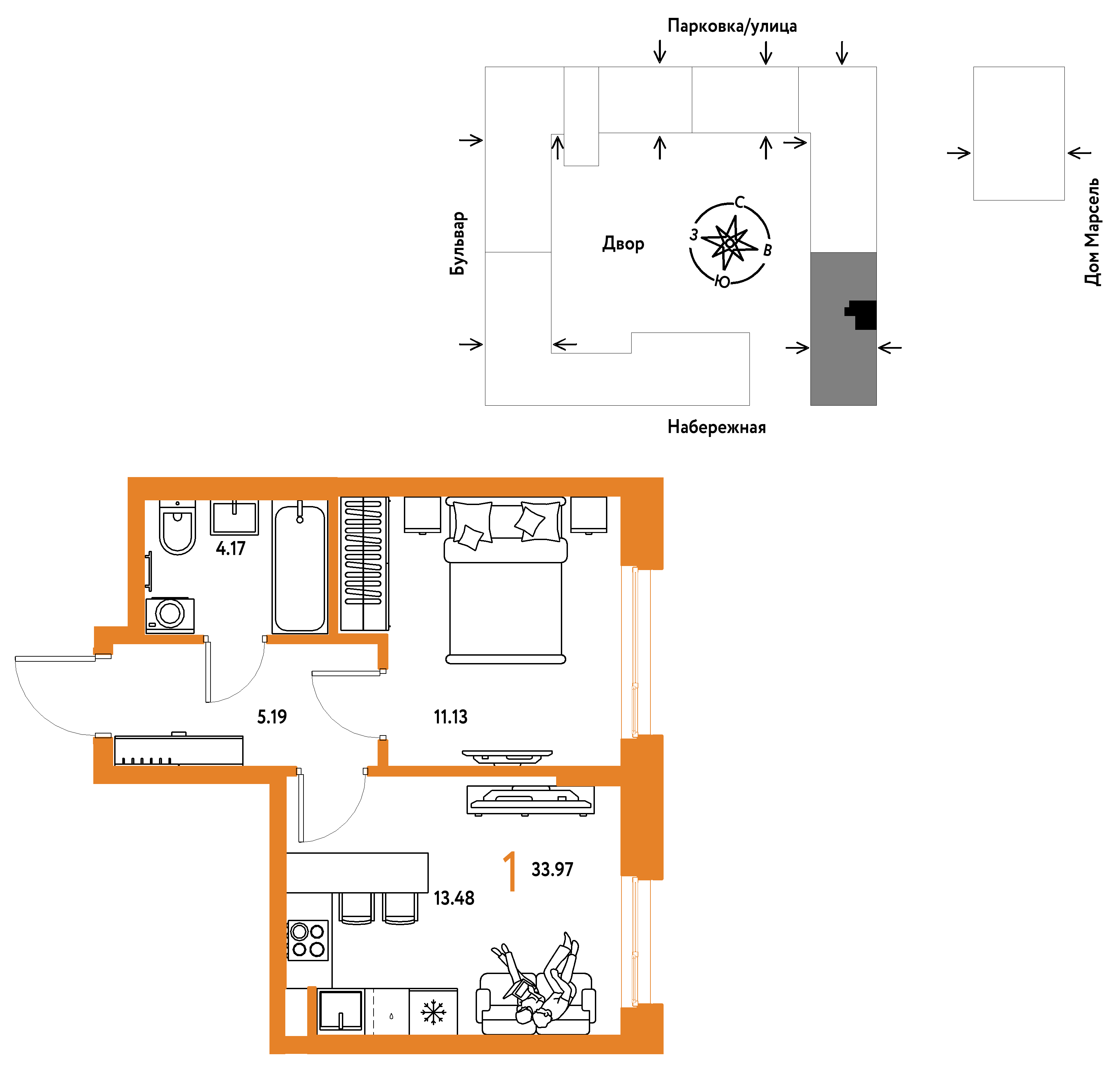 1-комнатная 33 м2 в ЖК Европейский берег 2.0 корпус null этаж 2
