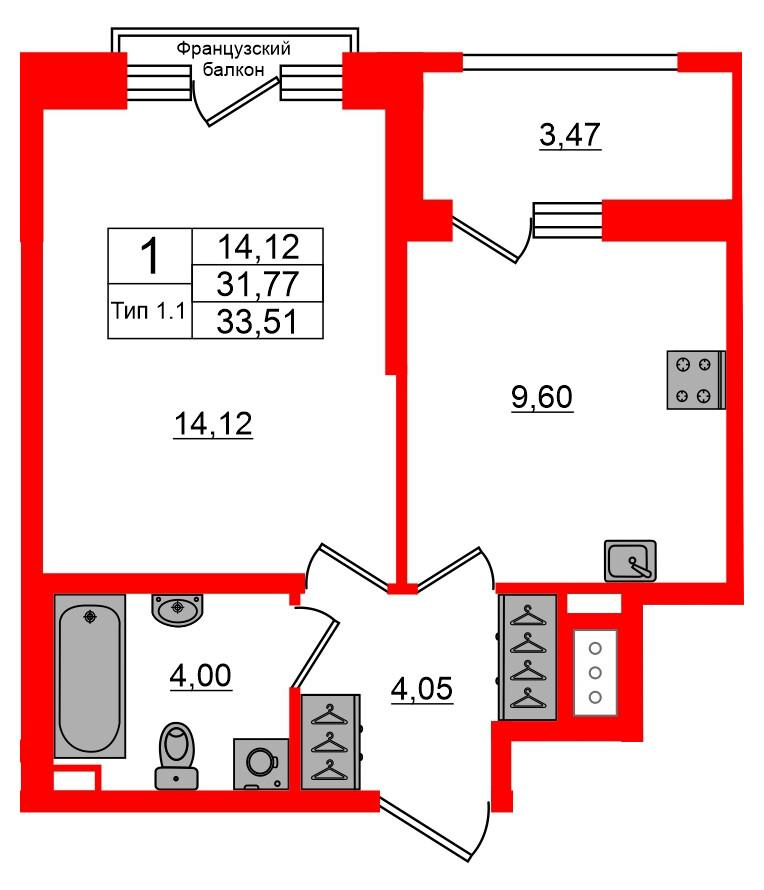 1-комнатная 31 м2 в ЖК Setl Ривьера корпус null этаж 8