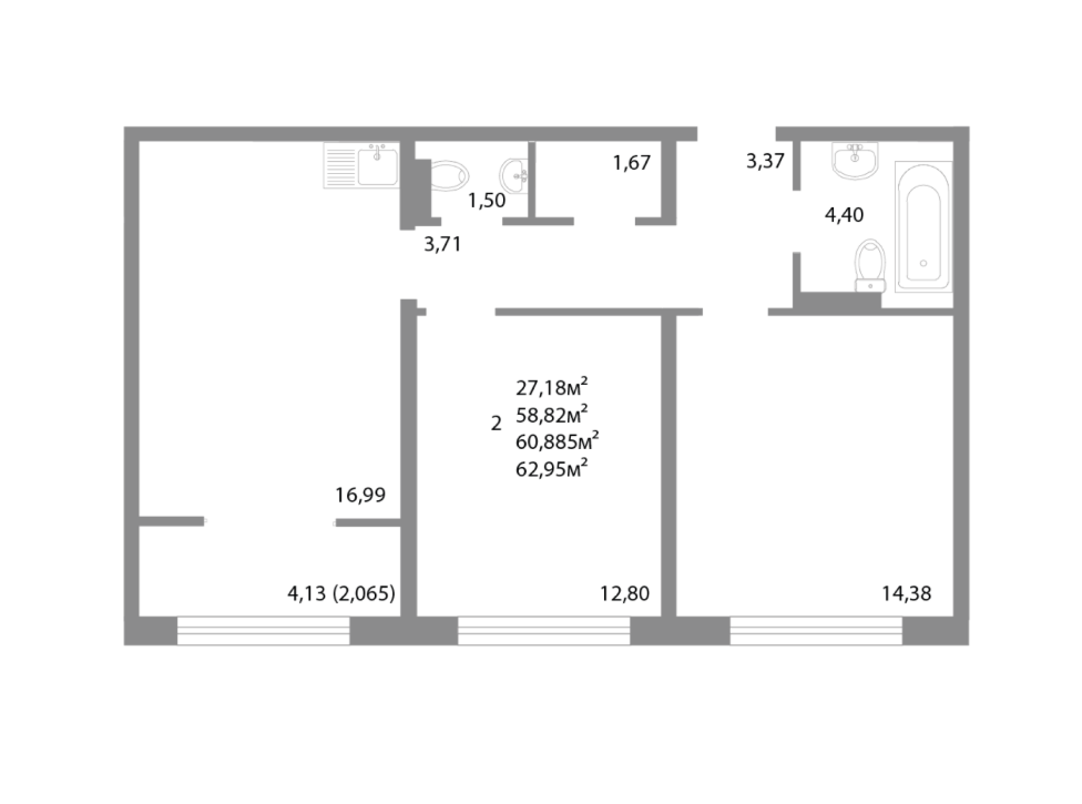 2-комнатная 60.9 м2 в ЖК undefined корпус null этаж 12