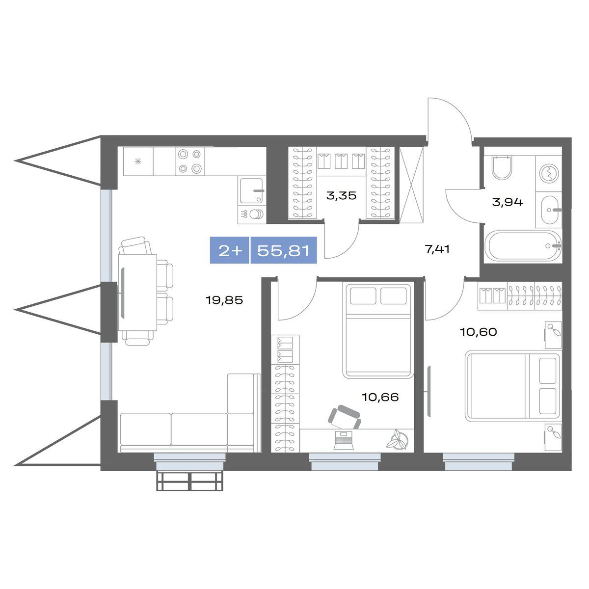 2-комнатная 55 м2 в ЖК Толк Медный корпус null этаж 8