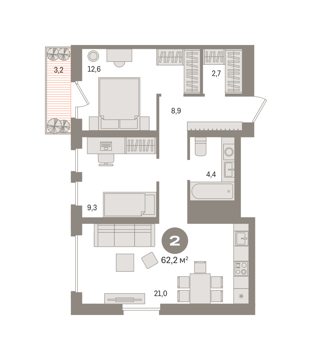 2-комнатная 62 м2 в ЖК Новин корпус null этаж 6