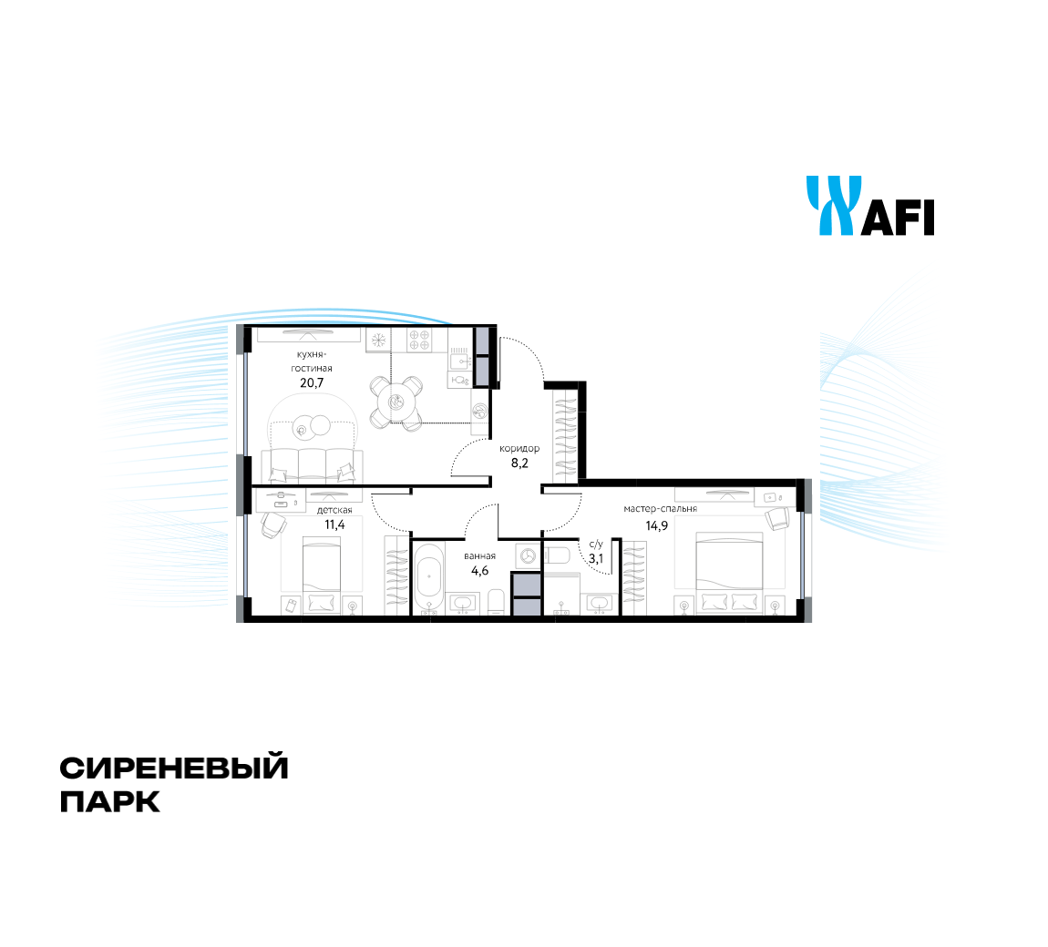 3-комнатная 64 м2 в ЖК Сиреневый парк корпус null этаж 6