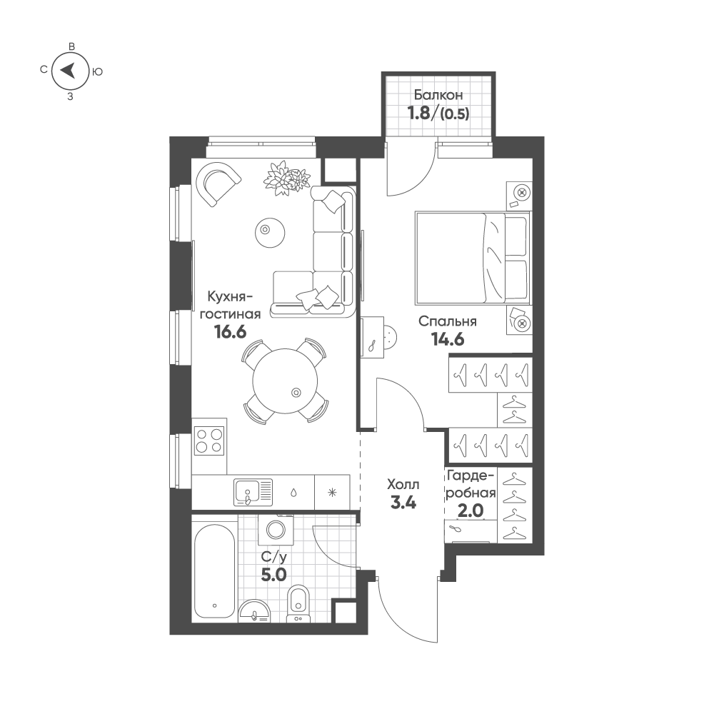 1-комнатная 42 м2 в ЖК Sokolinn Park корпус null этаж 5