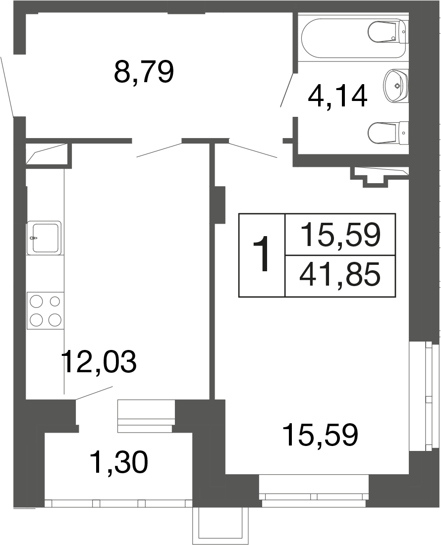 1-комнатная 41 м2 в ЖК Времена года корпус null этаж 1