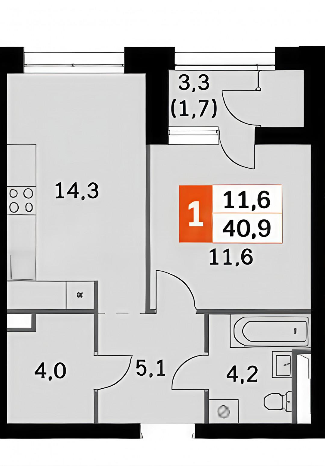 1-комнатная 40.9 м2 в ЖК undefined корпус null этаж 8