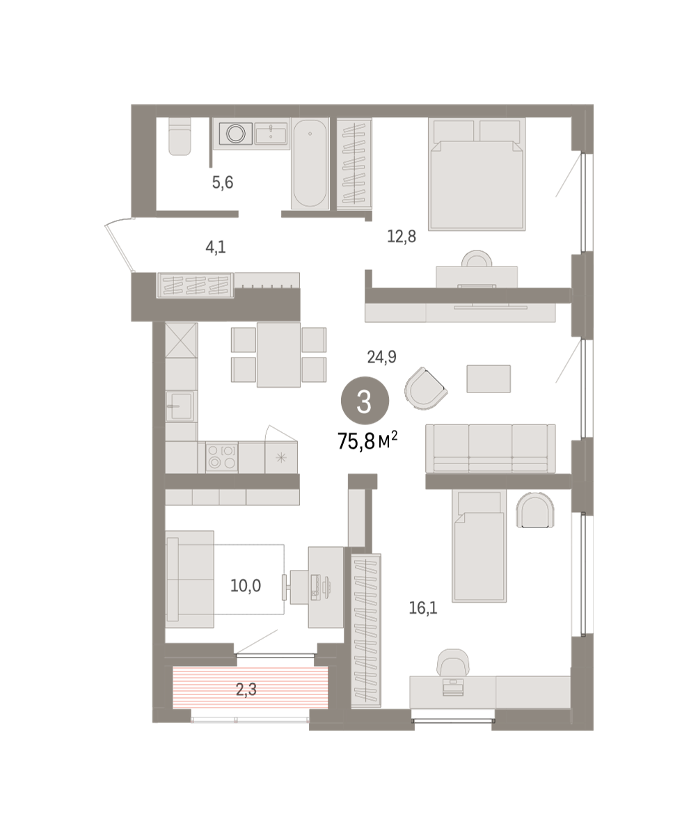 3-комнатная 75 м2 в ЖК Зарека корпус null этаж 15