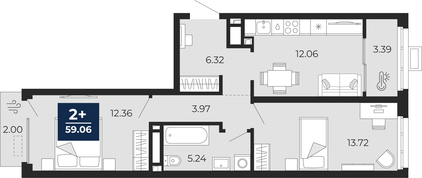 2-комнатная 57 м2 в ЖК Беринг корпус null этаж 4