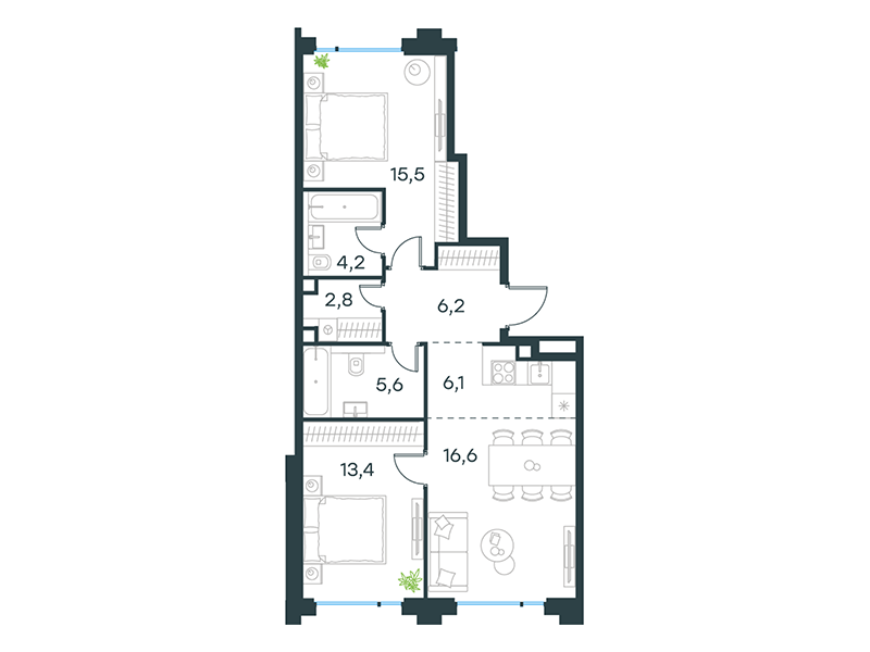 3-комнатная 70 м2 в ЖК Level Бауманская корпус null этаж 2