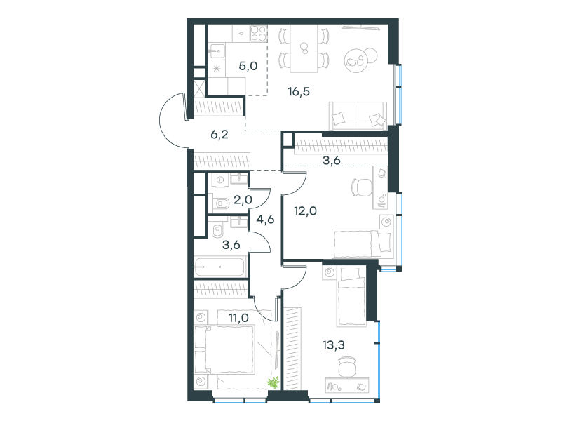 4-комнатная 77 м2 в ЖК Левел Мичуринский, этапы 3 и 4 корпус null этаж 26