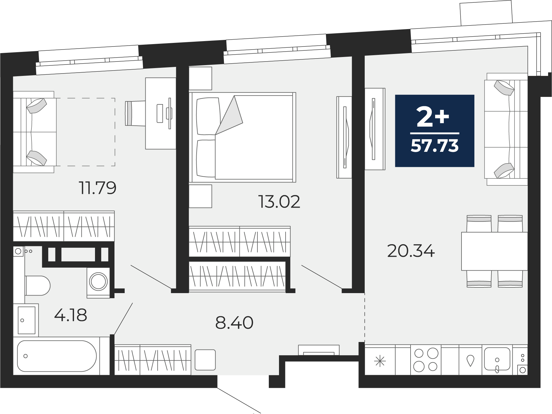 2-комнатная 57 м2 в ЖК Прео корпус null этаж 9