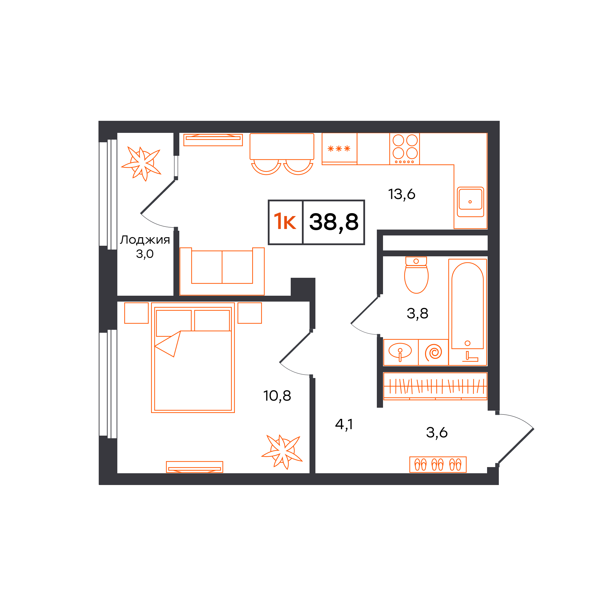 1-комнатная 38 м2 в ЖК Отличие корпус null этаж 10
