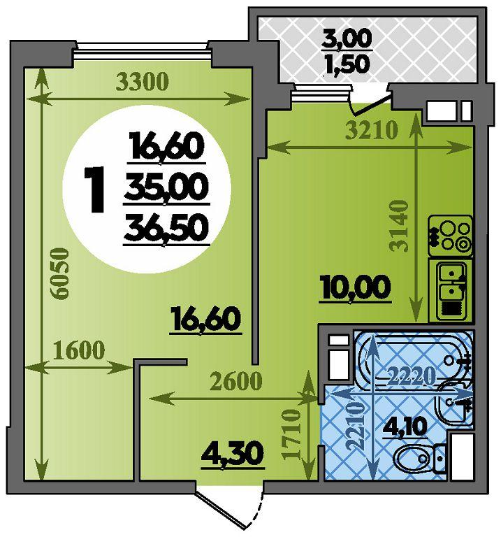 1-комнатная 36 м2 в ЖК Парк у дома корпус null этаж 2