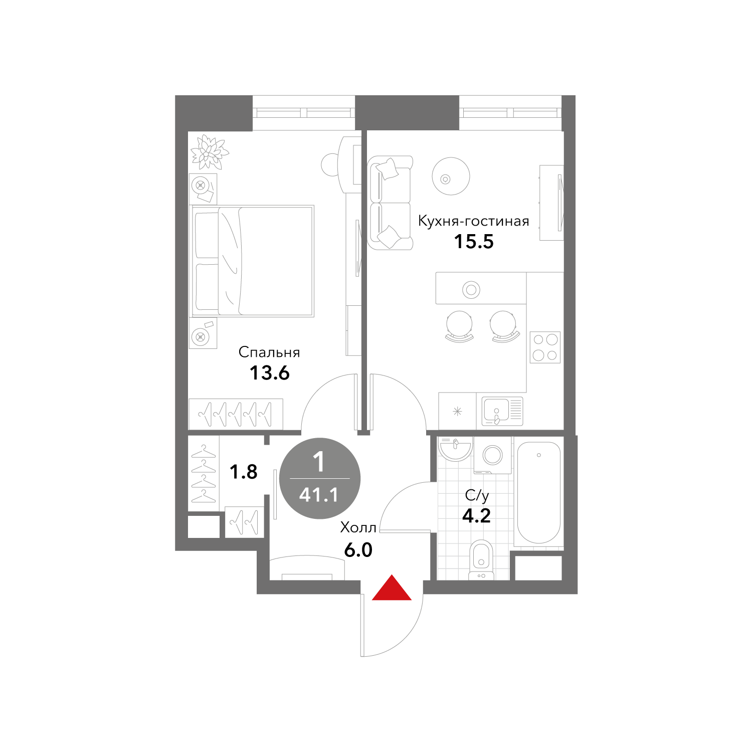1-комнатная 41 м2 в ЖК Voxhall корпус null этаж 16