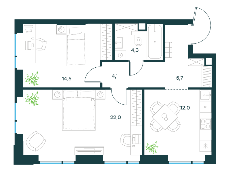 2-комнатная 62 м2 в ЖК Level Войковская корпус null этаж 3
