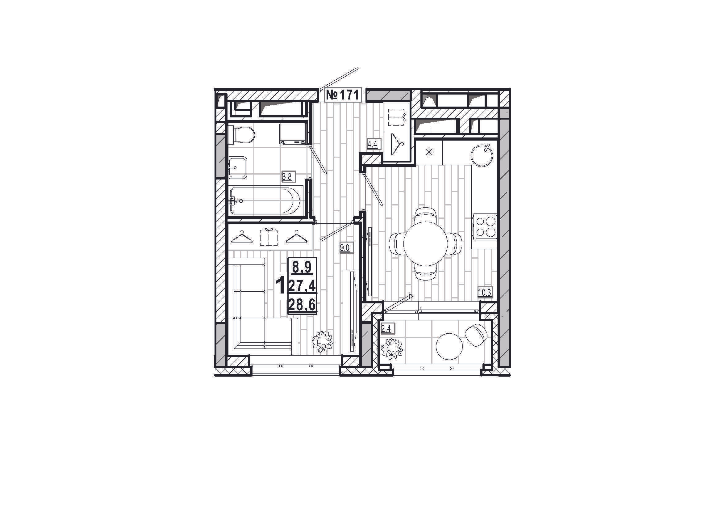 1-комнатная 28 м2 в ЖК Дом на Маяковского корпус null этаж 4