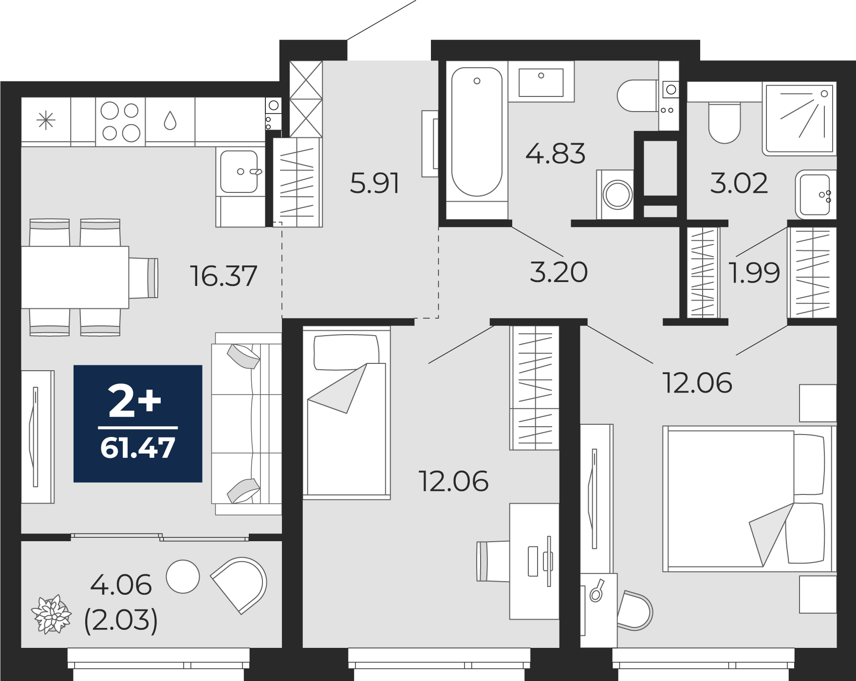 2-комнатная 59 м2 в ЖК Прео корпус null этаж 7