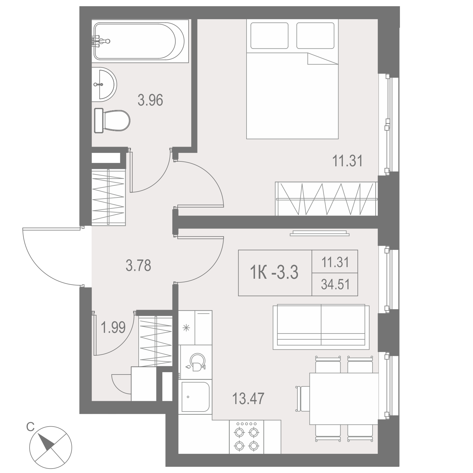 1-комнатная 34 м2 в ЖК Зум на Неве корпус null этаж 16