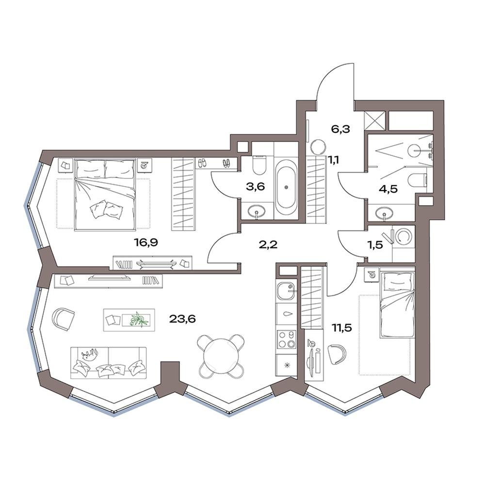 3-комнатная 71 м2 в ЖК Акценты корпус null этаж 14